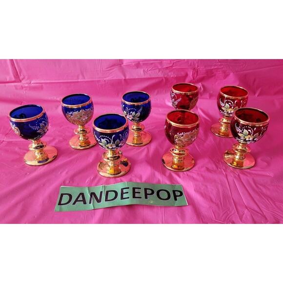 8 Piece Blue Red Gold Enamel Floral Embellished Brandy Snifters Cordial Glasses - Picture 2 of 12